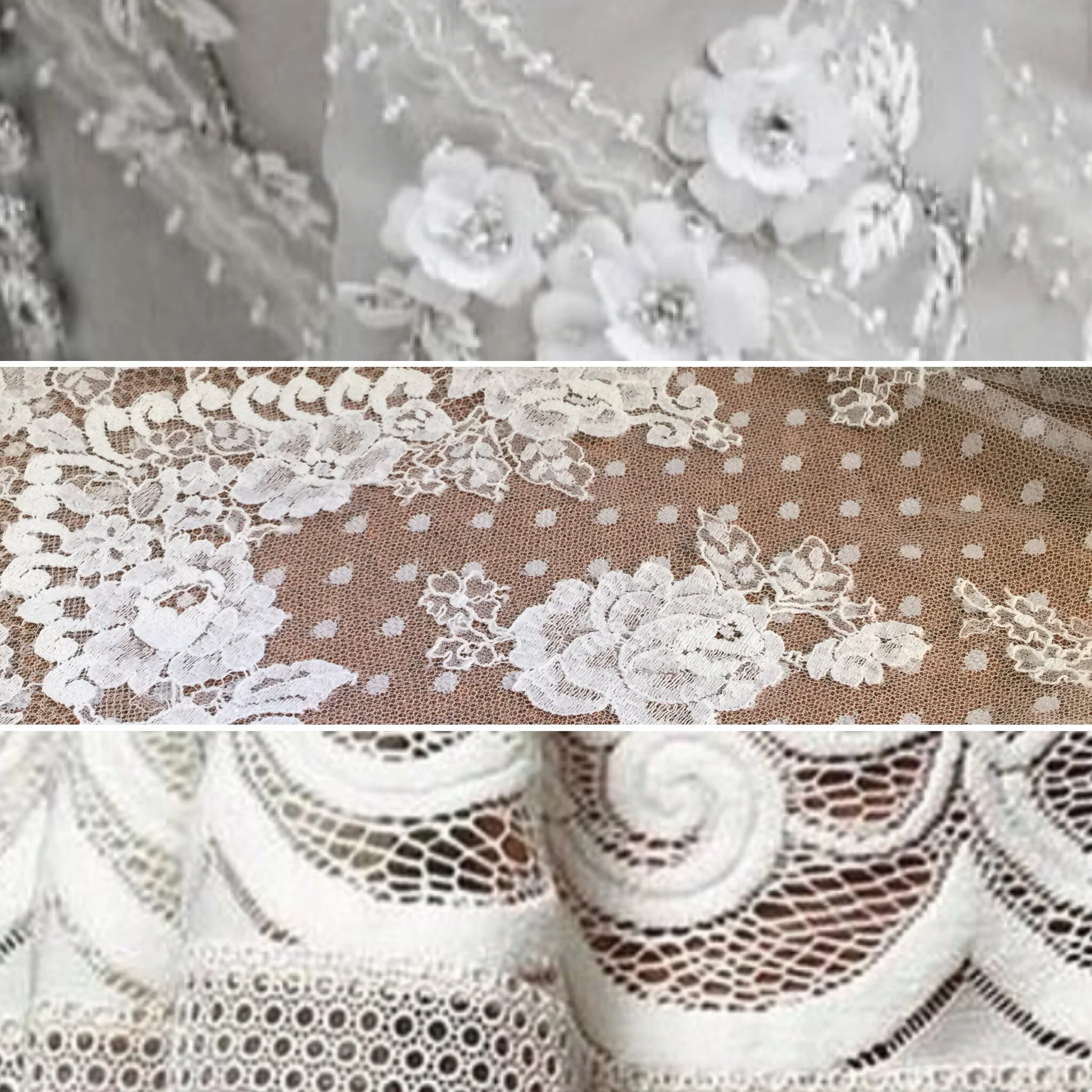 Luscious laces, spotty tulle and theee dimensional florals. 