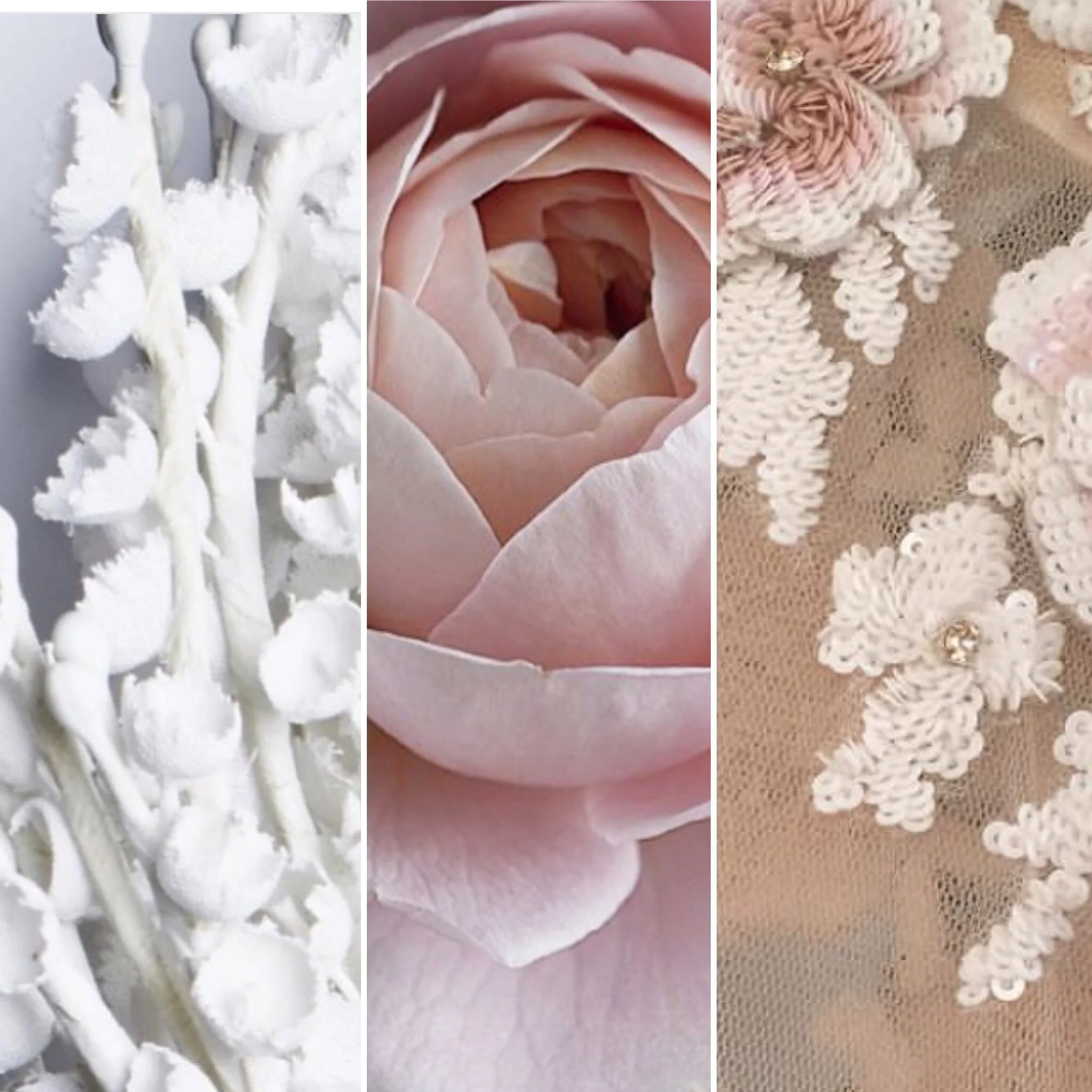 Roses and sequins and porcelain flowers.