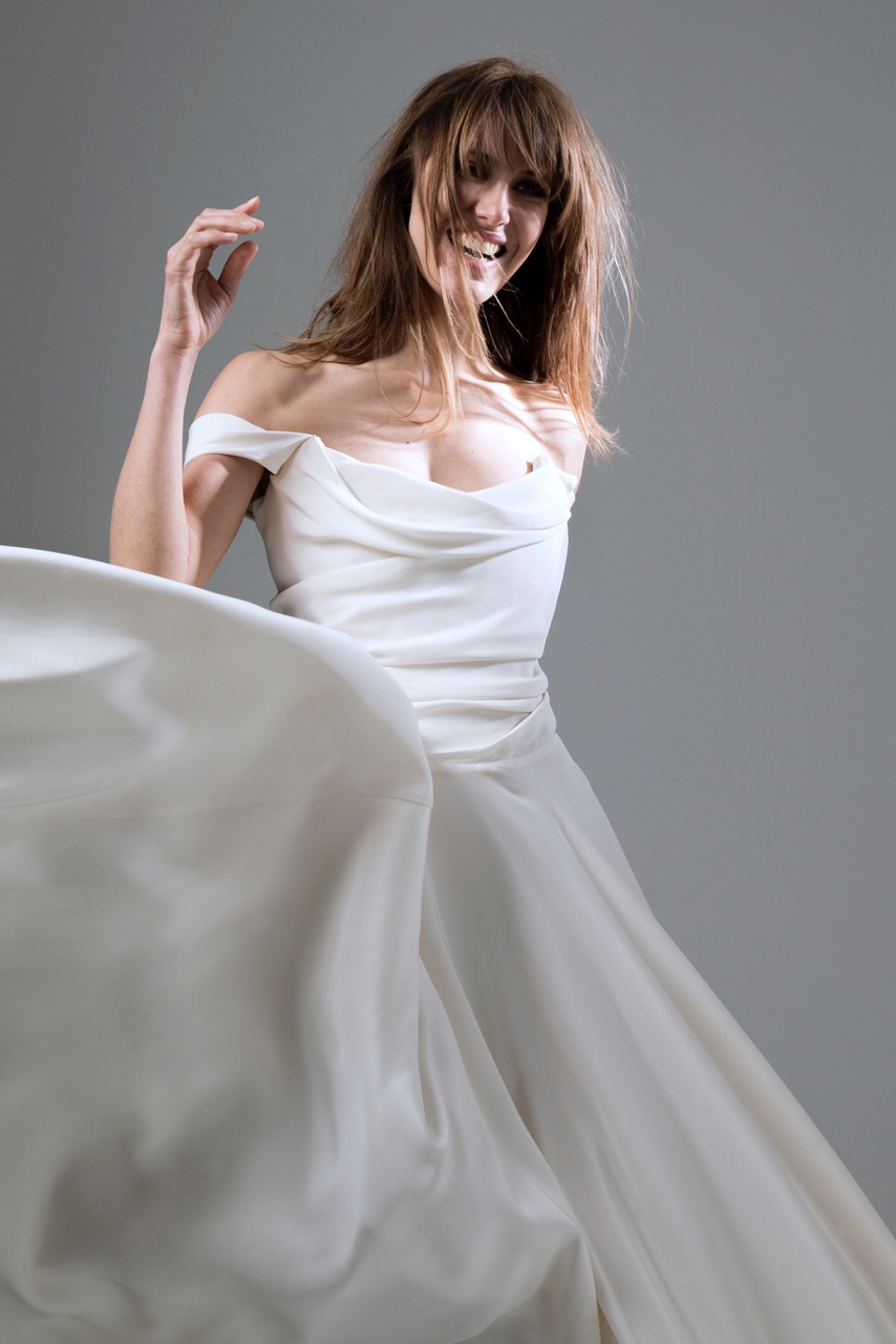 Italian Silk crepe Charlotte wedding dress by Halfpenny London with draped corset top