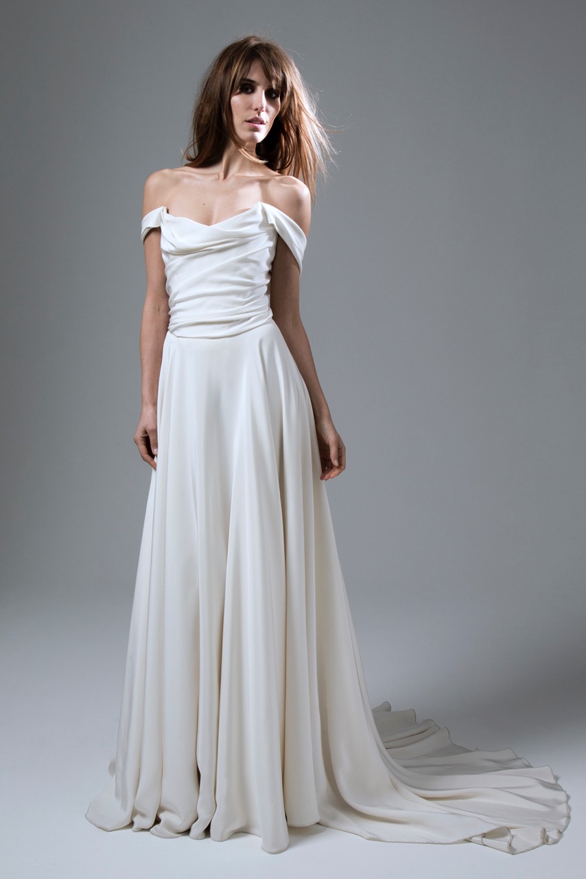 Italian Silk crepe Charlotte wedding dress by Halfpenny London with draped corset top