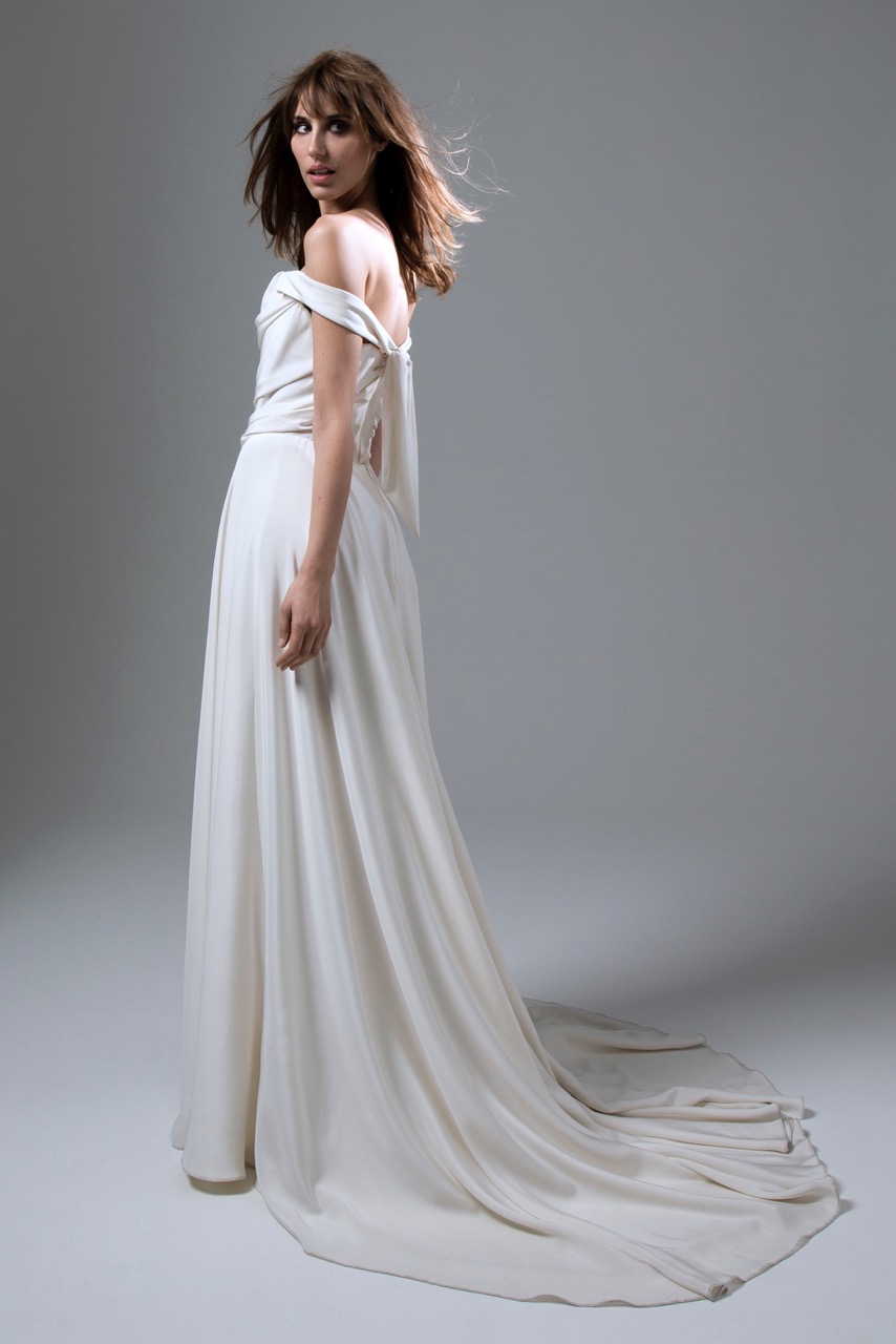 Back view of Italian Silk crepe Charlotte wedding dress by Halfpenny London with draped corset top