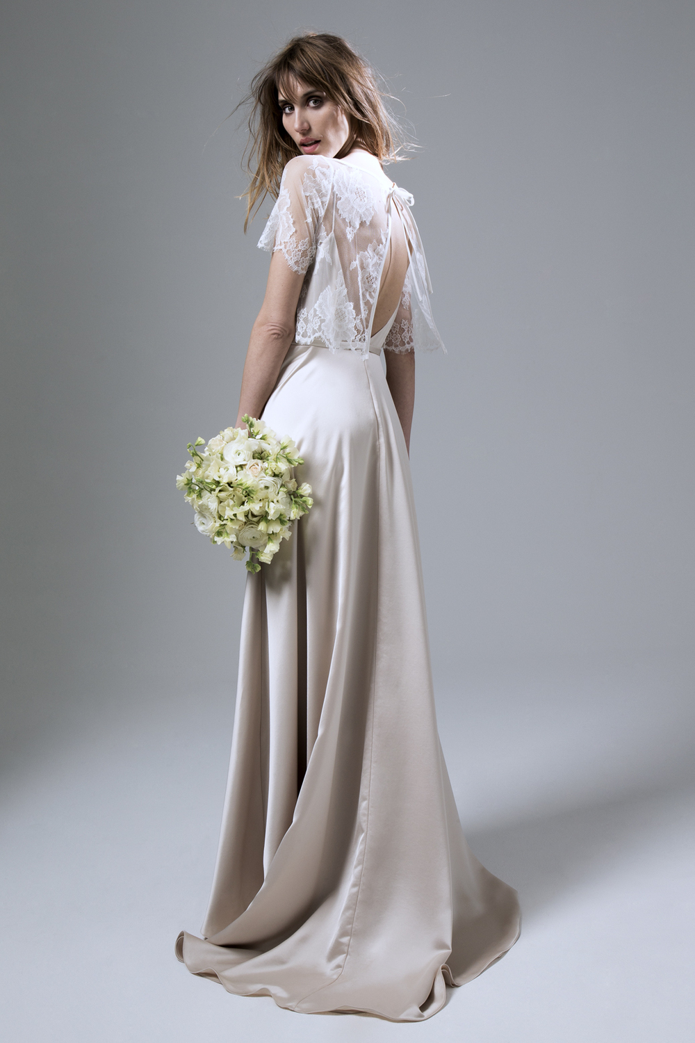The Halfpenny London wedding dress of the week is our subtly glamorous blush satin Thea backless dress and the beautifully delicate Berry French lace jacket