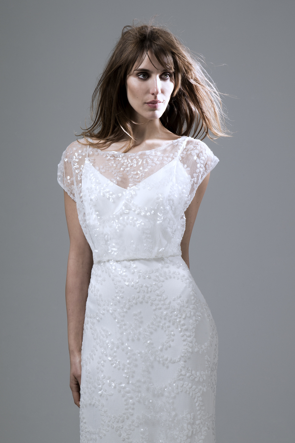 LYDIA SEQUIN IVORY SLASH NECK DRESS WITH PUDDLE TRAIN WEDDING DRESS BY HALFPENNY LONDON