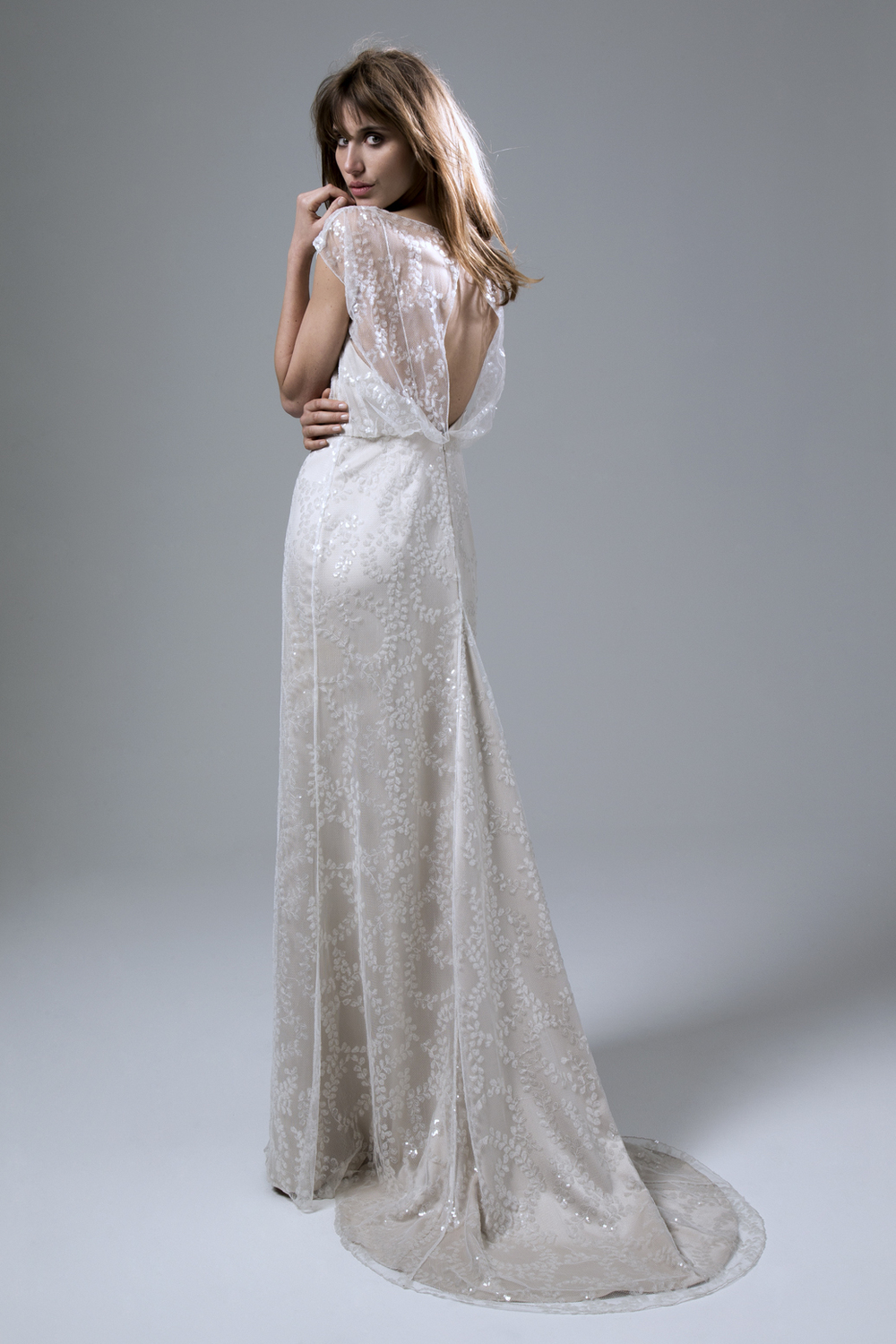 LYDIA SEQUIN BLUSH SLASH NECK DRESS WITH PUDDLE TRAIN WEDDING DRESS BY HALFPENNY LONDON