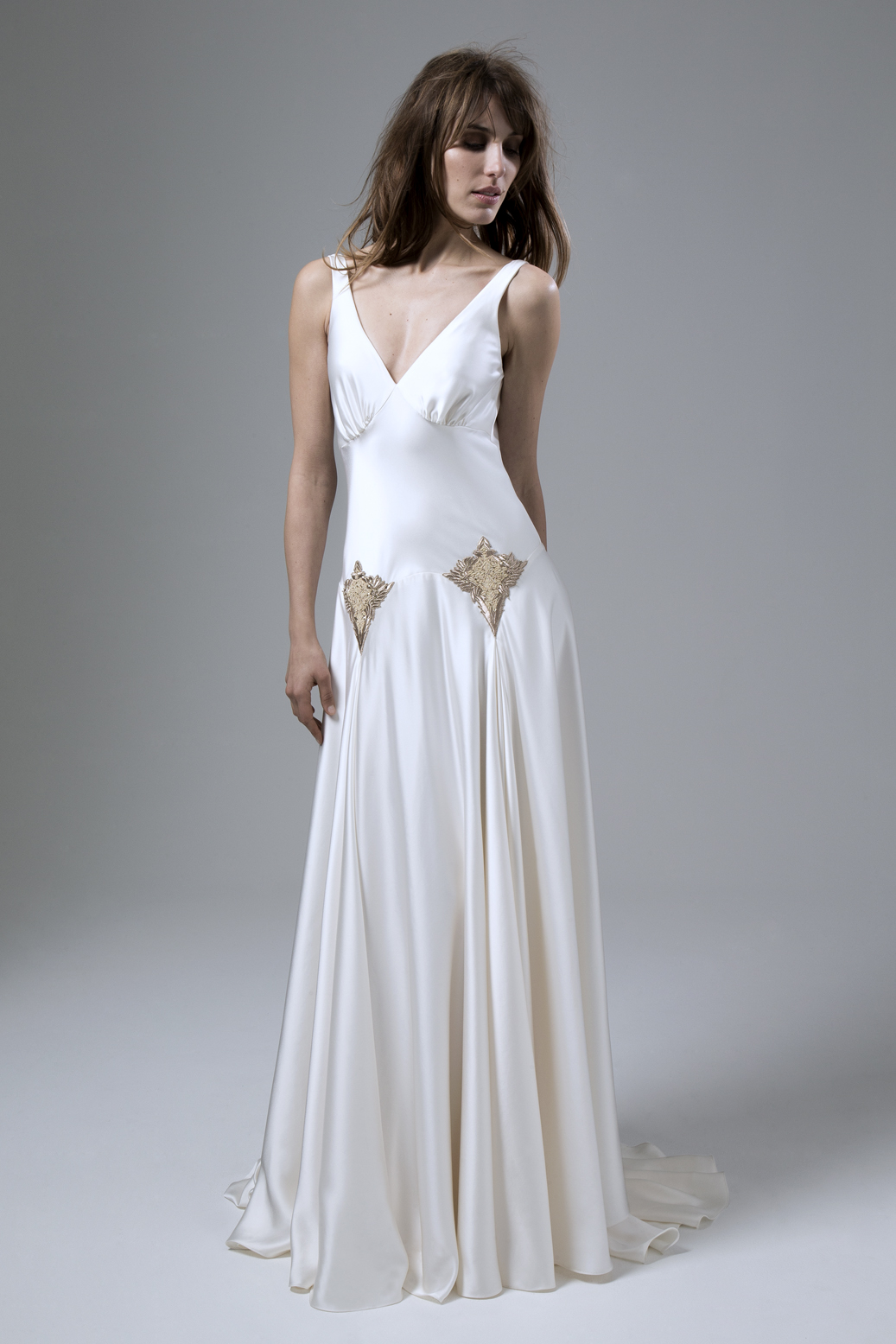 MILLY BAFTA V NECK AND LOW V BACK WEDDING DRESS WITH GODGETS AND EMBELLISHMENT DETAILING BY HALFPENNY LONDON