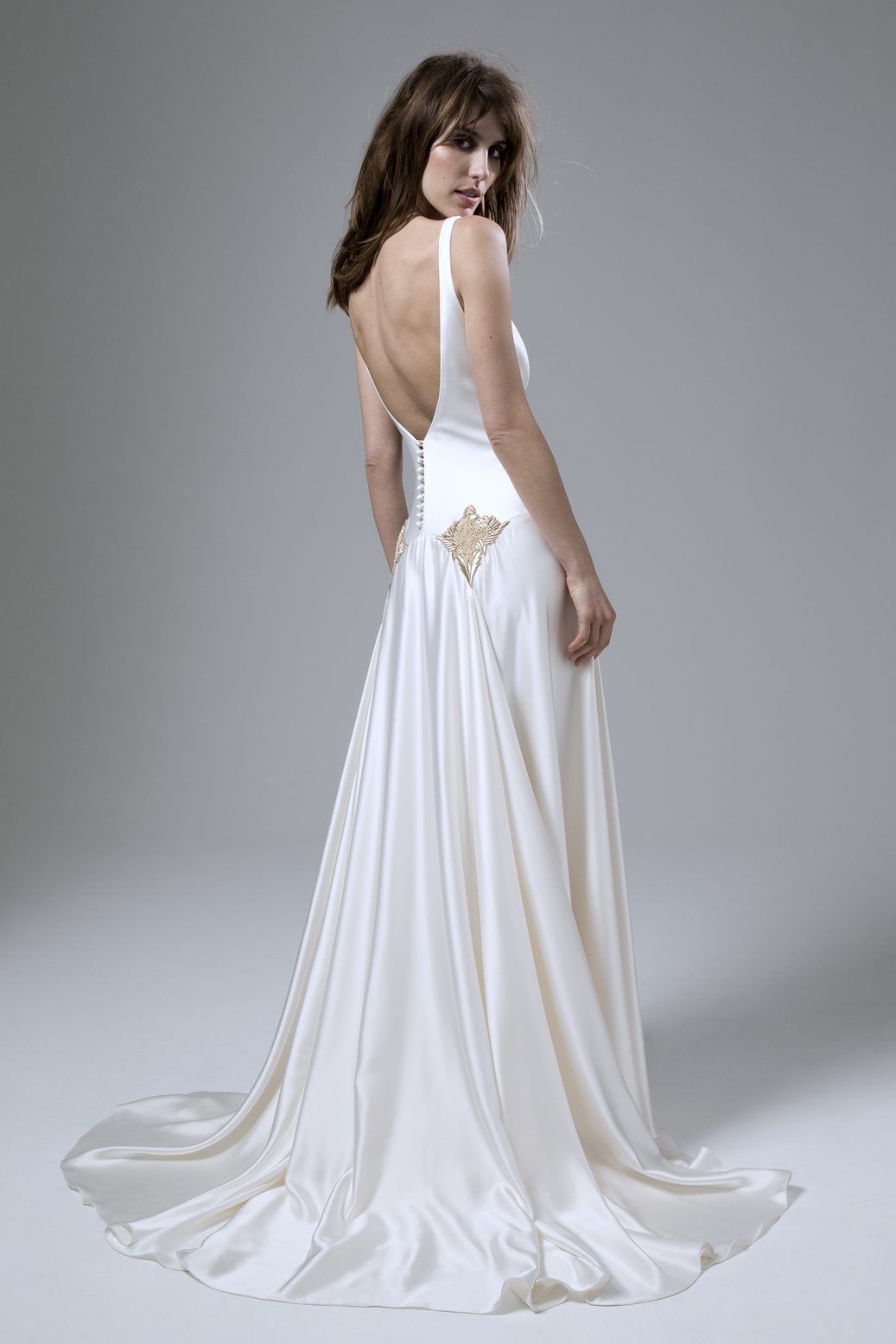 MILLY BAFTA V NECK AND LOW V BACK WEDDING DRESS WITH GODGETS AND EMBELLISHMENT DETAILING BY HALFPENNY LONDON