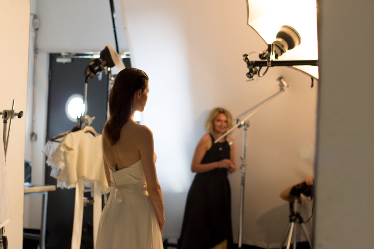 This is our classic Esme dress but we've given her an upgrade and she's now in silk chiffon with the bodice in a polka dot silk. 