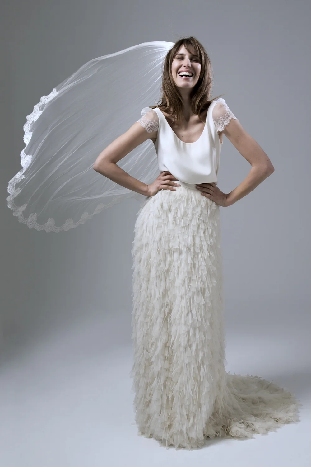 SWAN TULLE PETAL SKIRT AND SWAN CREPE SCOOP NECK TEE WITH CHANTILLY LACE SLEEVES WEDDING DRESS BY HALFPENNY LONDON
