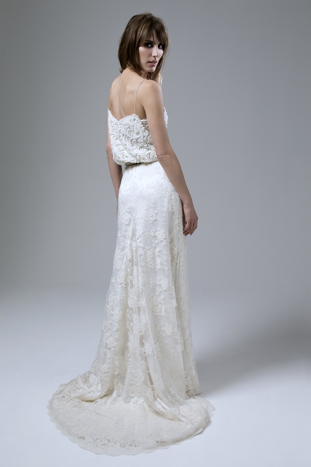 BACK OF THE THEA BEADED CAMISOLE AND ANDREA FRENCH LACE SKIRT TWO PIECE WEDDING DRESS BY HALFPENNY LONDON