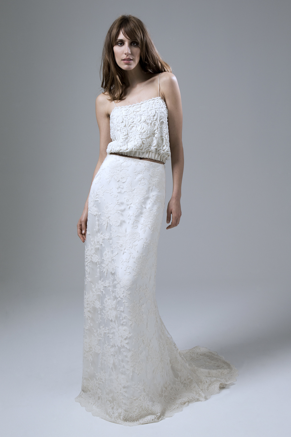 THEA BEADED CAMISOLE AND ANDREA FRENCH LACE SKIRT TWO PIECE WEDDING DRESS BY HALFPENNY LONDON