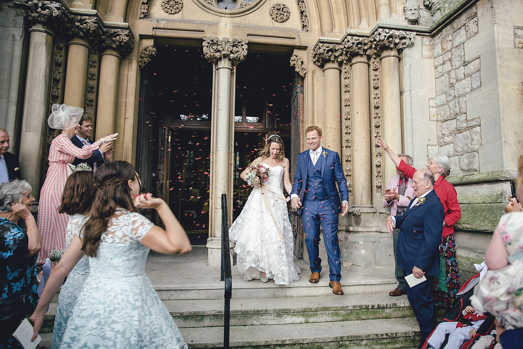 BEAUTIFUL BRIDE RACHEL WEARS THE ESME STRAPLESS AND SOFT BONED SWEETHEART DRESS IN FULL EMBROIDERED ORGANZA. BRIDAL WEDDING DRESS BY HALFPENNY LONDON