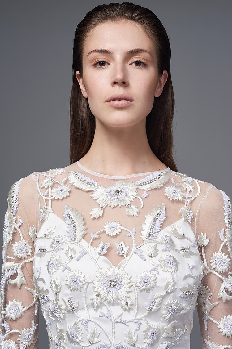 THE SYLVIE LONG SLEEVED DRESS WITH HAND CRAFTED 3D DIAMONTE AND EMBROIDERED BODICE WITH SATIN BUTTONS AND A SILK CHIFFON SKIRT. BRIDAL WEDDING DRESS BY HALFPENNY LONDON