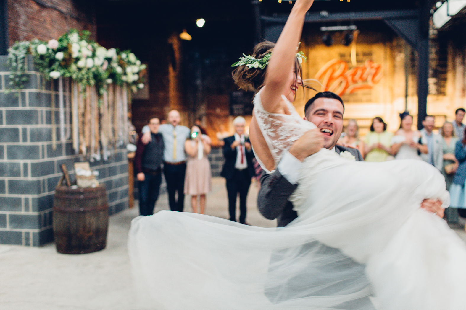 Gorgeous bride Jaye wears a lace, backless wedding dress by Halfpenny London
