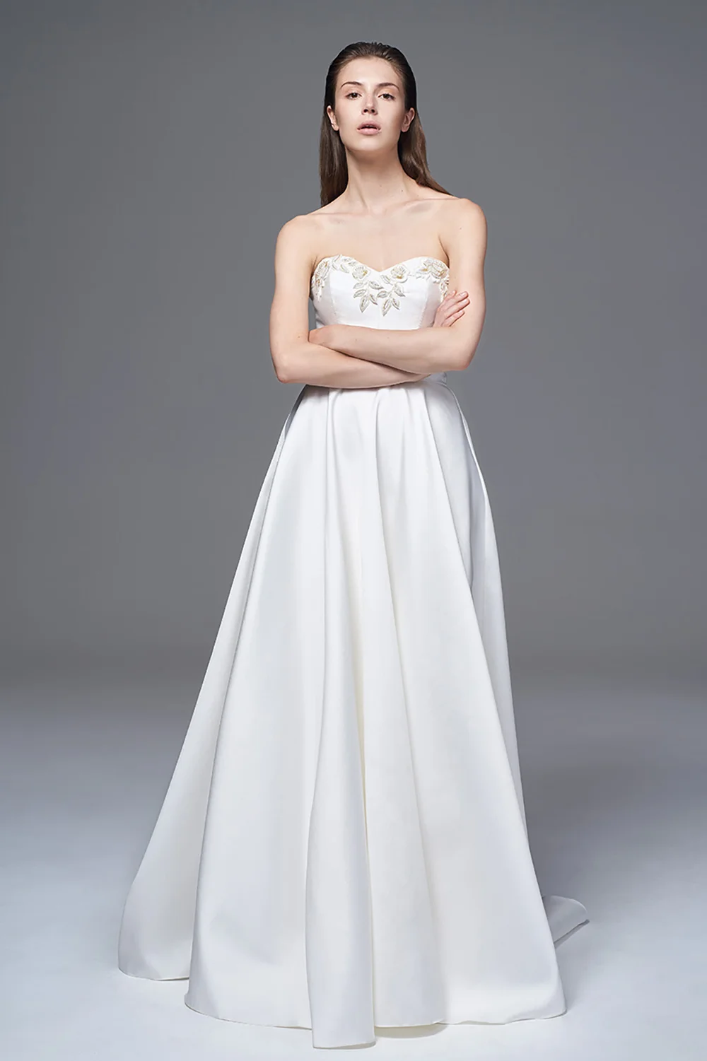 THE ELLIE STRUCTURED MIKADO STRAPLESS DRESS WITH HAND BEADED EMBELLISHMENT. BRIDAL WEDDING DRESS BY HALFPENNY LONDON