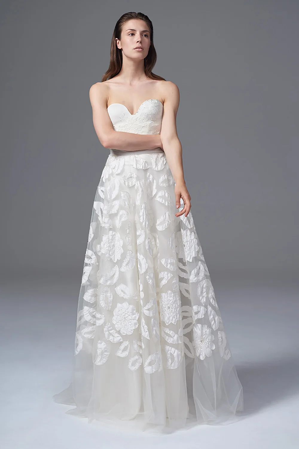 THE SUSIE HAND APPLIQUED AND TULLE SKIRT WITH THE DITA LACE APPLIQUED CORSET. BRIDAL WEDDING DRESS BY HALFPENNY LONDON