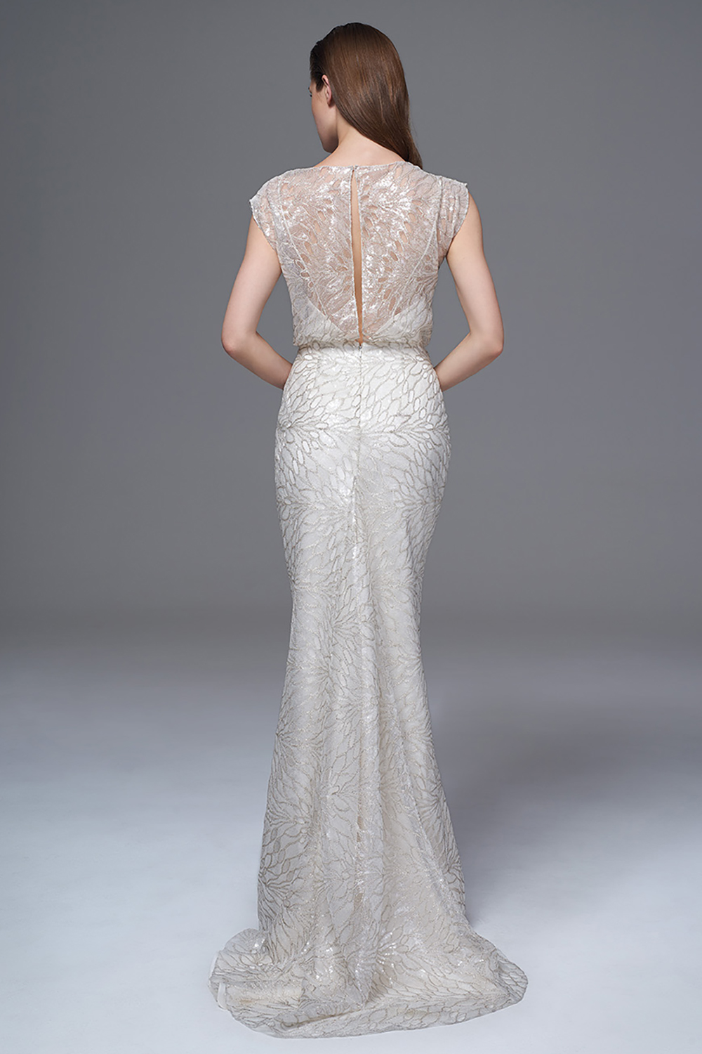 THE CHLOE SILVER SEQUINNED DRESS WITH SLASH NECK AND GODET TRAIN. BRIDAL WEDDING DRESS BY HALFPENNY LONDON