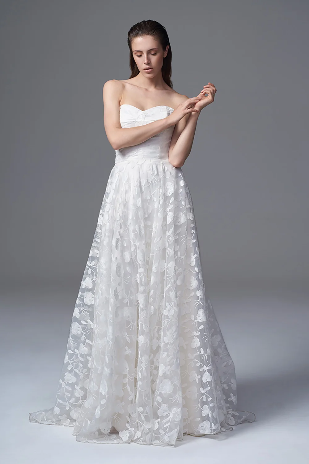 THE ESME CAPE AND ESME STRAPLESS DRESS IN FULL EMBROIDERED ORGANZA. BRIDAL WEDDING DRESS BY HALFPENNY LONDON