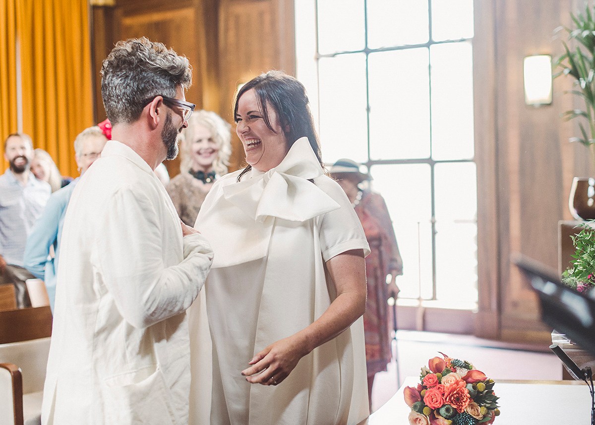 Beautiful bride Jess wore the Halfpenny London Bow jacket for her laid back London wedding