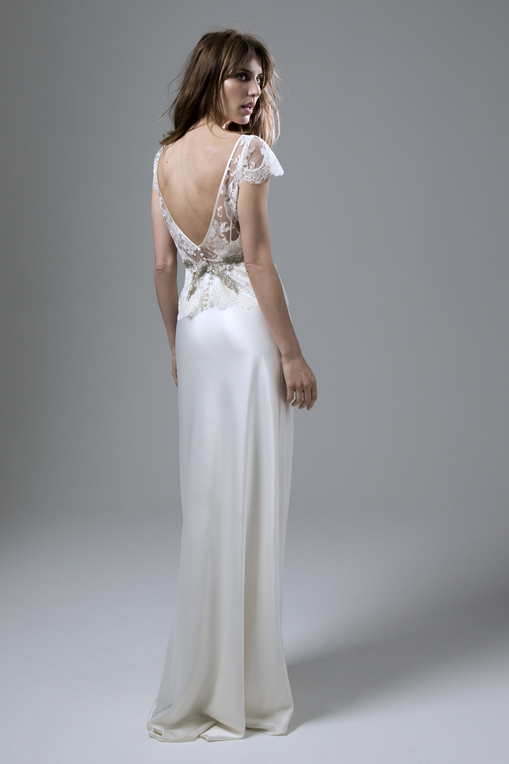 IRIS FRENCH LACE JACKET AND IRIS LOW BACKED SATIN SLIP WEDDING DRESS BY HALFPENNY LONDON