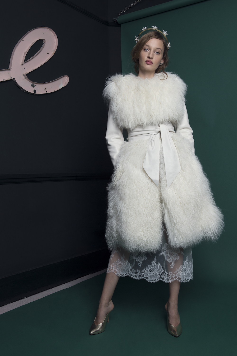SHADOW MONGOLIAN FUR COAT & BROAD LEATHER BELT | WEDDING DRESS BY HALFPENNY LONDON