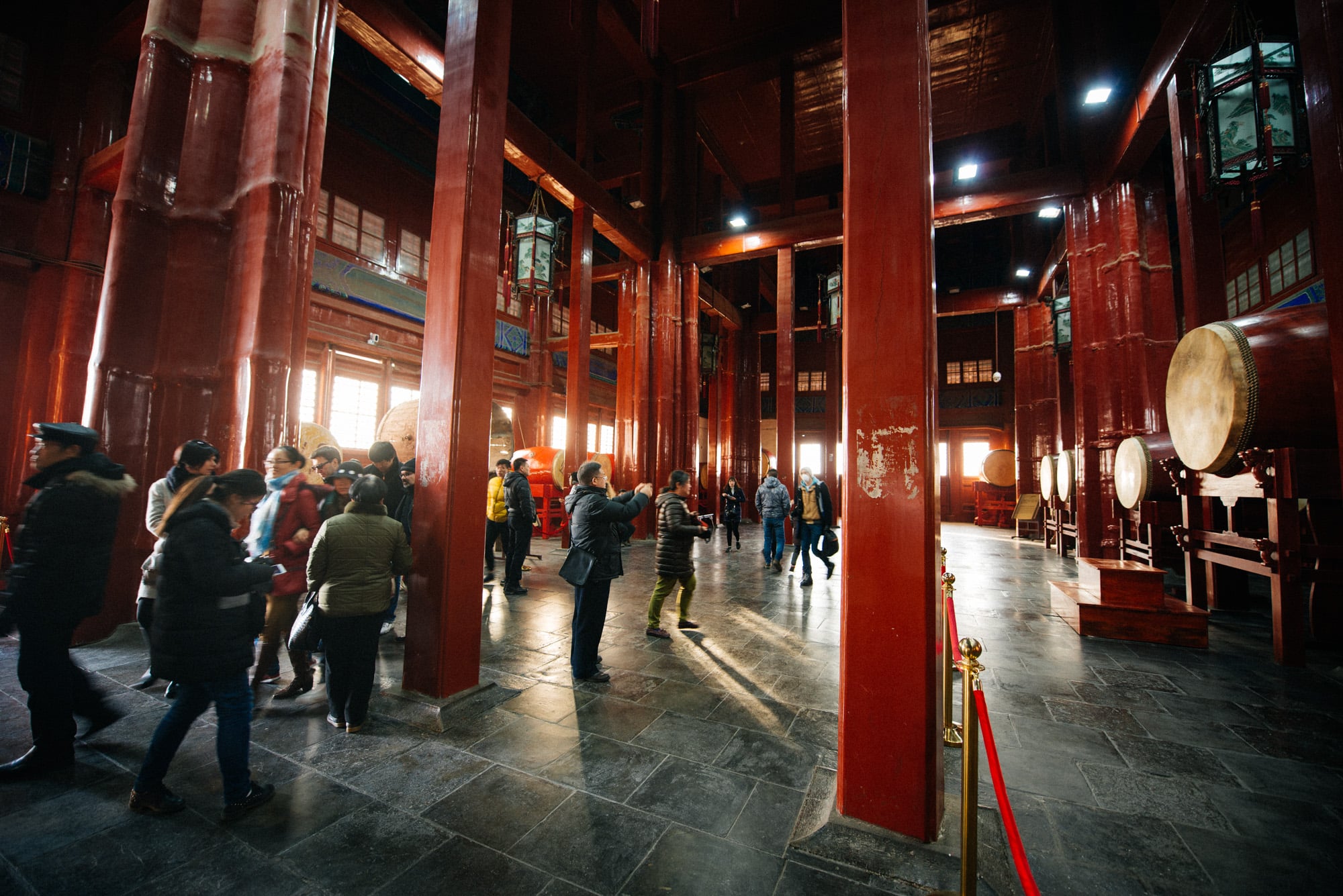 The inside of the Drum Tower. From time to time a group of performers come and show their drumming skills.