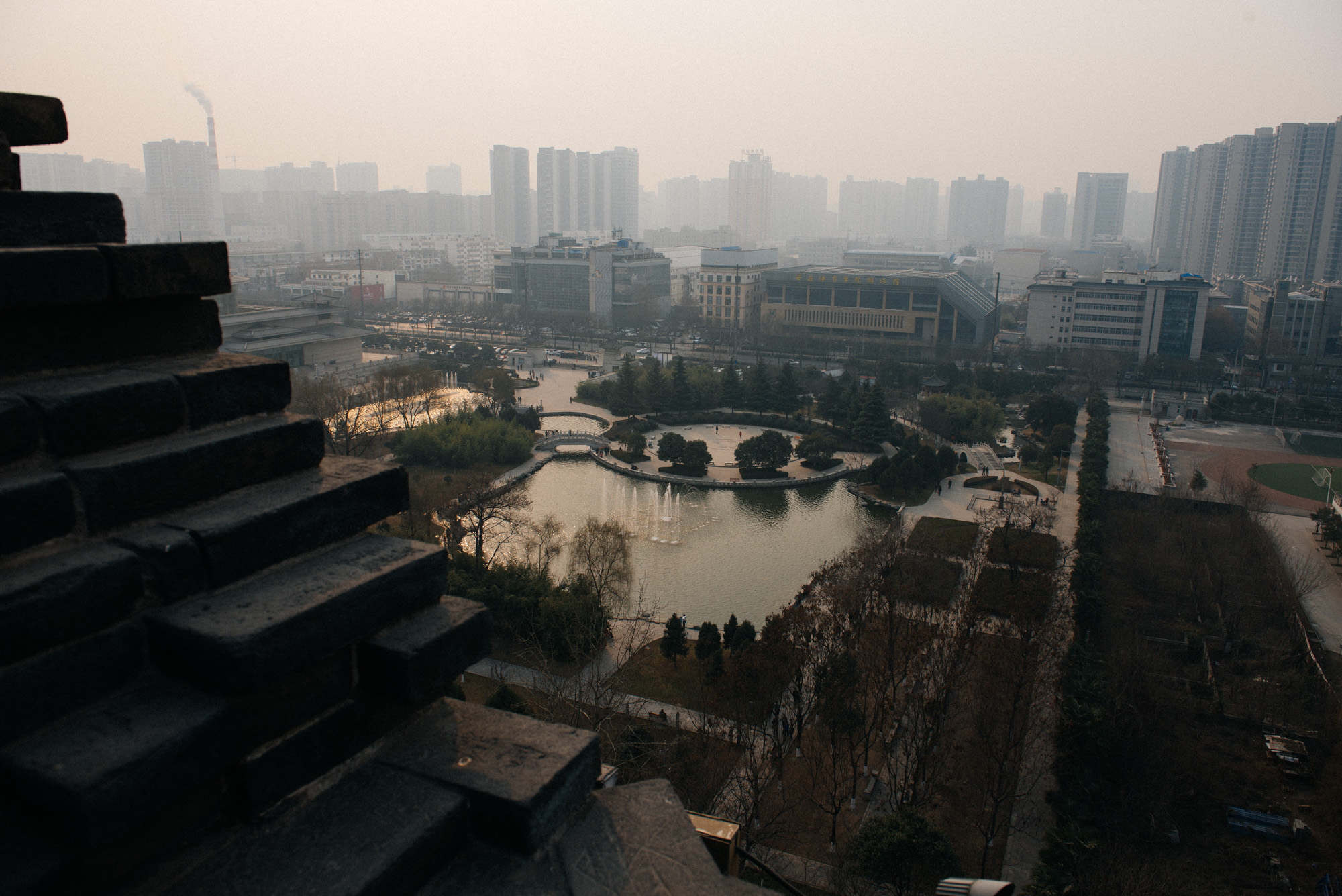 This is the view from the top. The pagoda is located outside the old city walls, surrounded by modern Xi'an, inside a park.