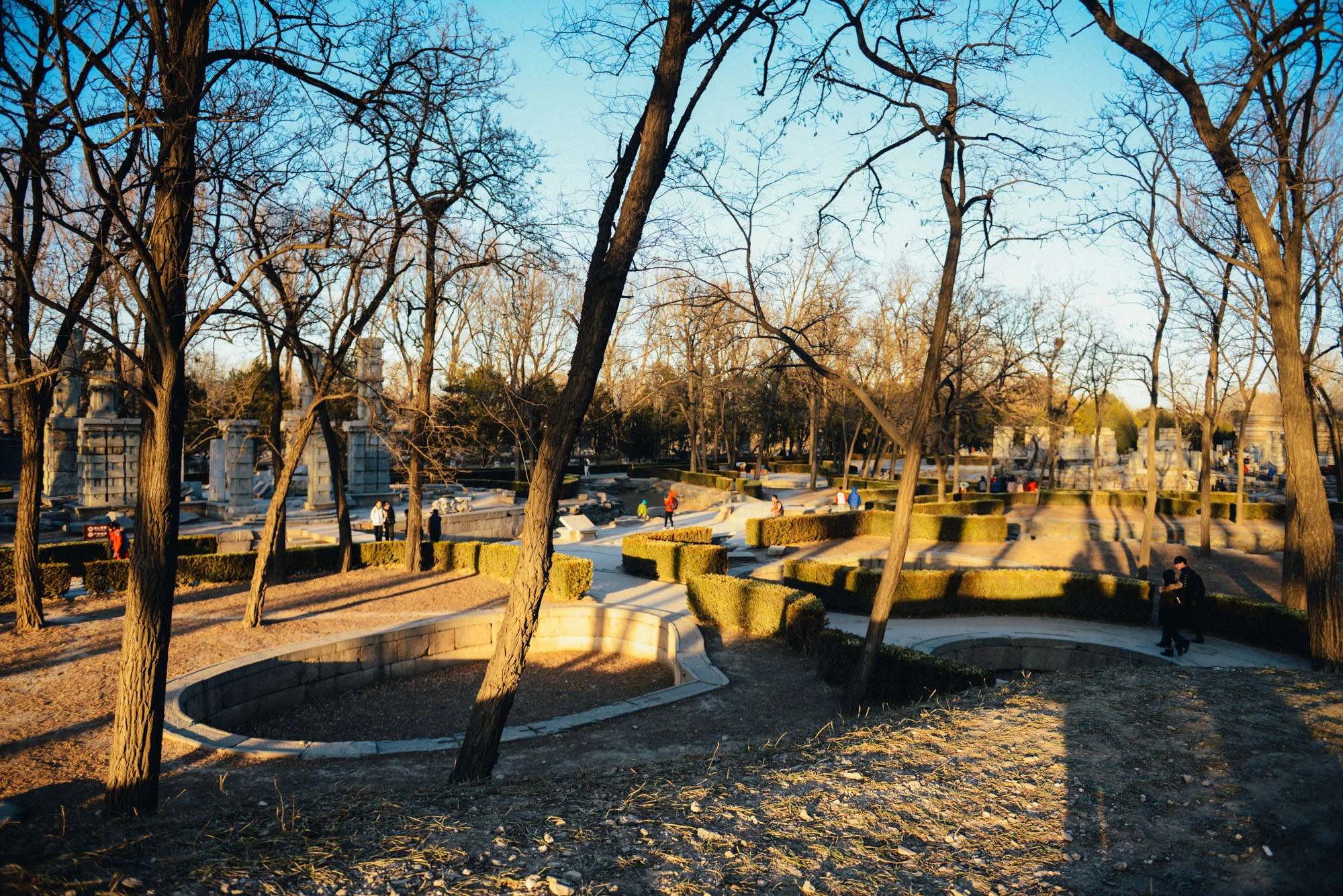The gardens have been more or less restored to the same layout as they were and some of the rubble piled up in an orderly fashion. This picture is from 2015. This year, a boardwalk is being constructed for people to walk on and probably only view the ruins from a distance.