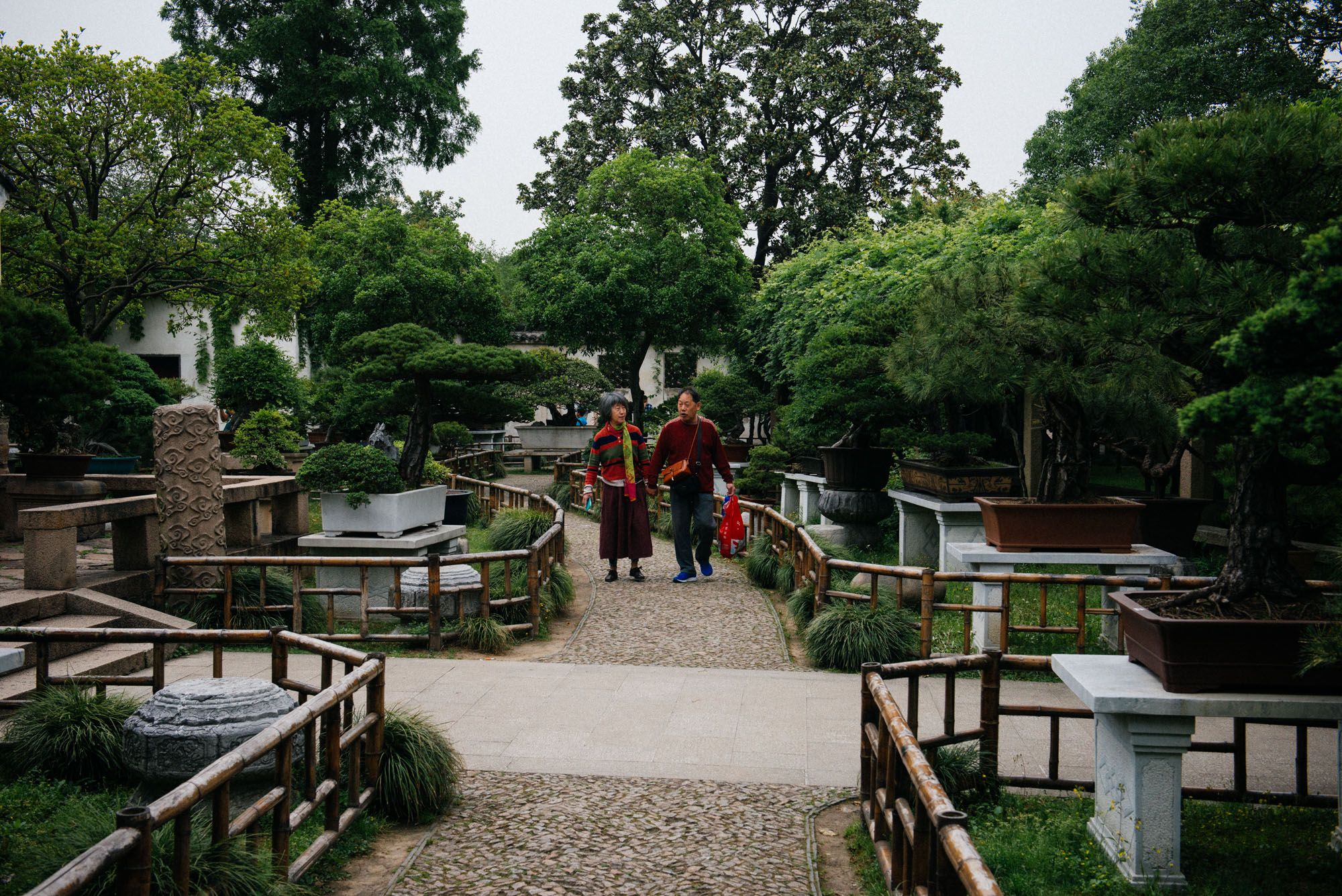 A couple strolls around the part in the back where they have trees planted in vases.