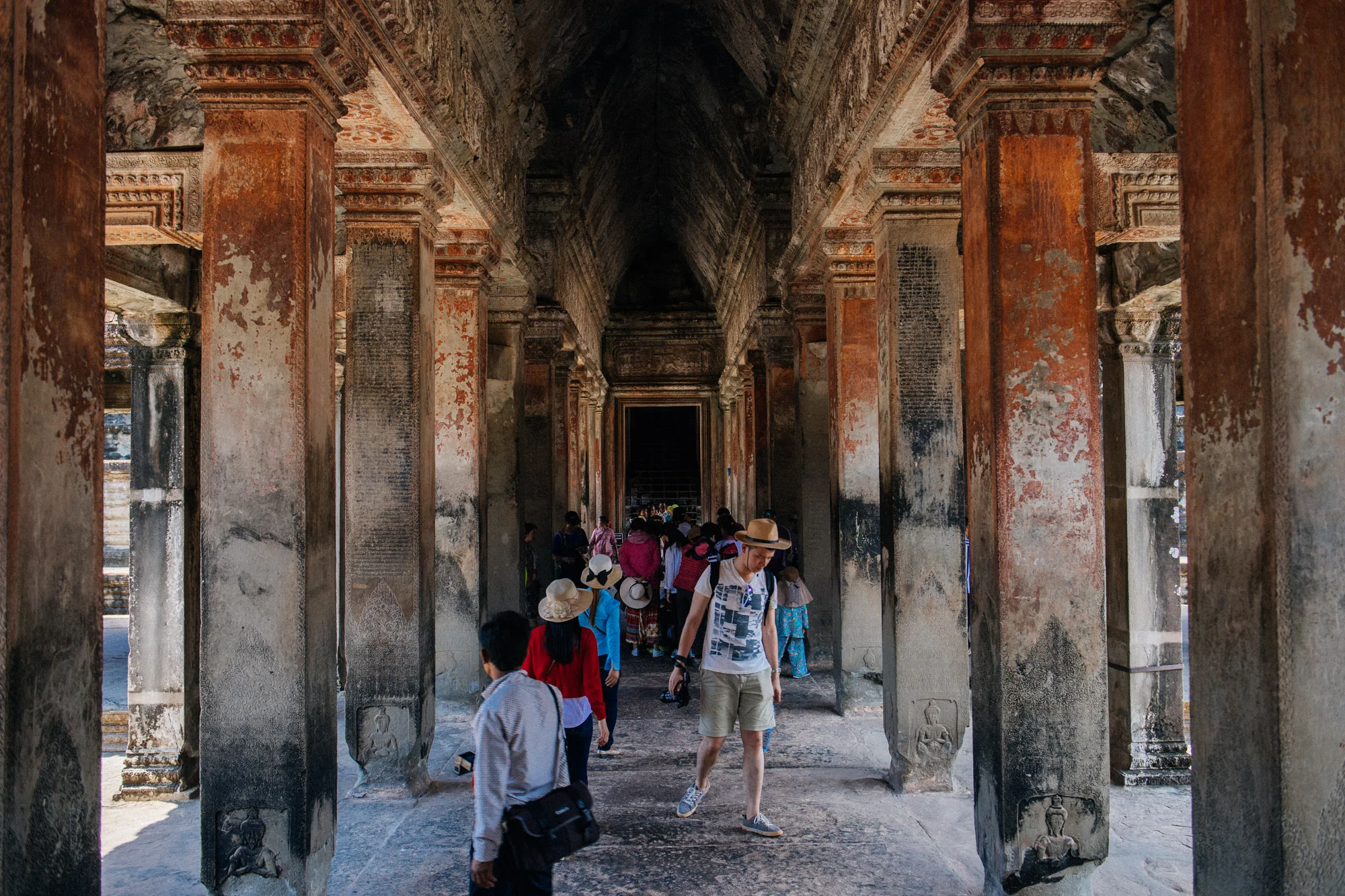 Columns full of inscriptions in Sanskrit decorate the interior of the main temple.