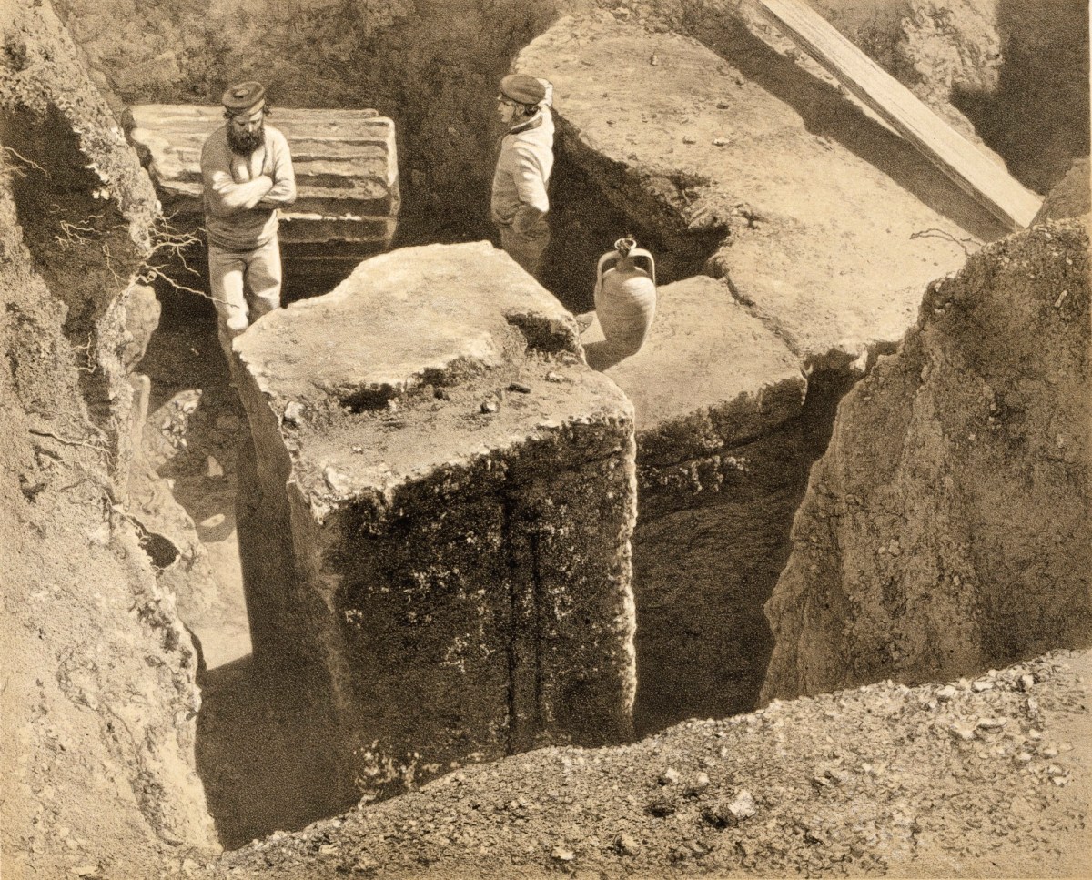 Mausoleum at Halicarnassus: view of excavation on west side of quadrangle, 1862 - Lithograph by E. Wagner