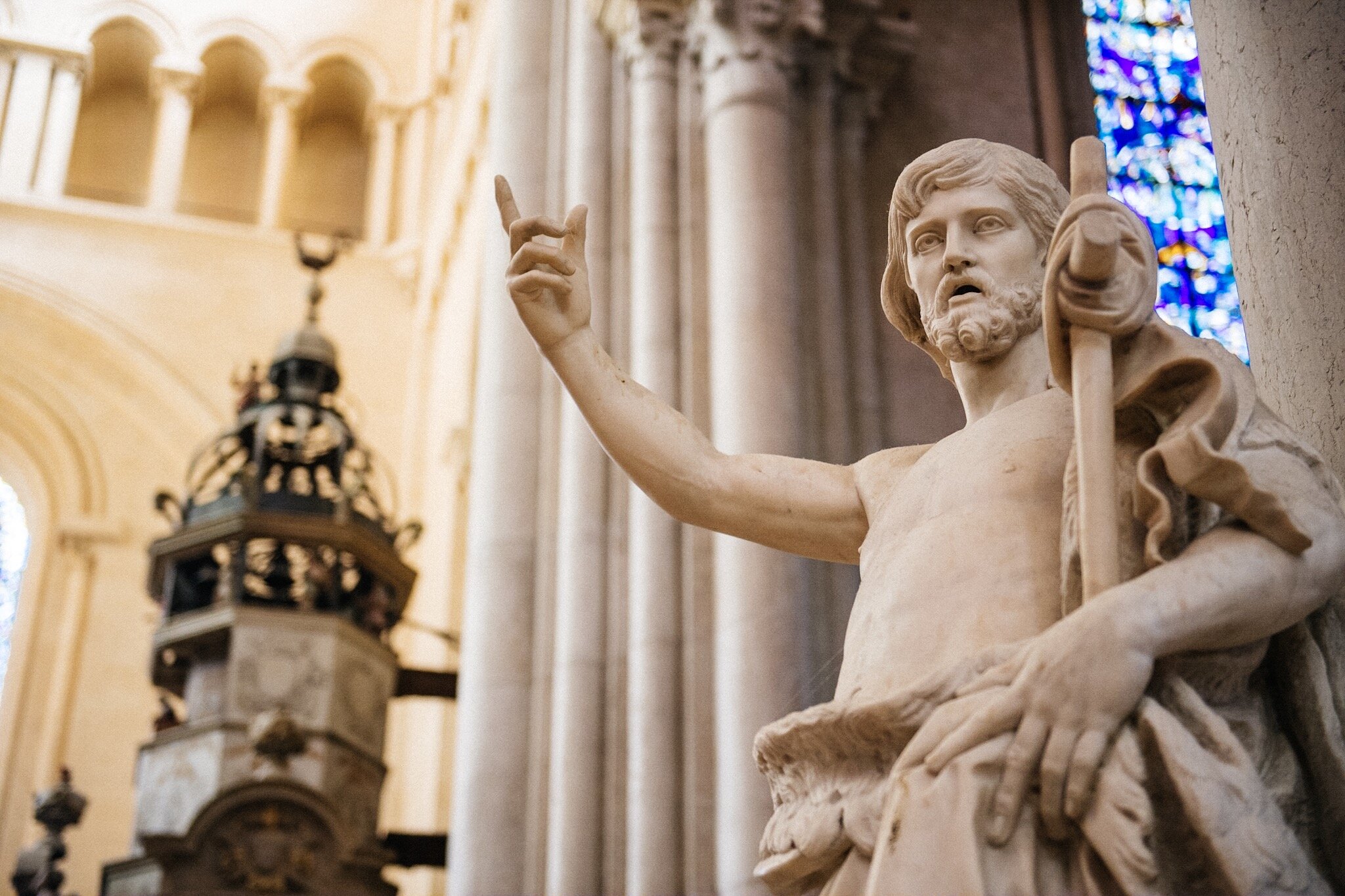 A statue of Saint John the Baptist inside the cathedral is like “Who’s up next to be baptized?”.