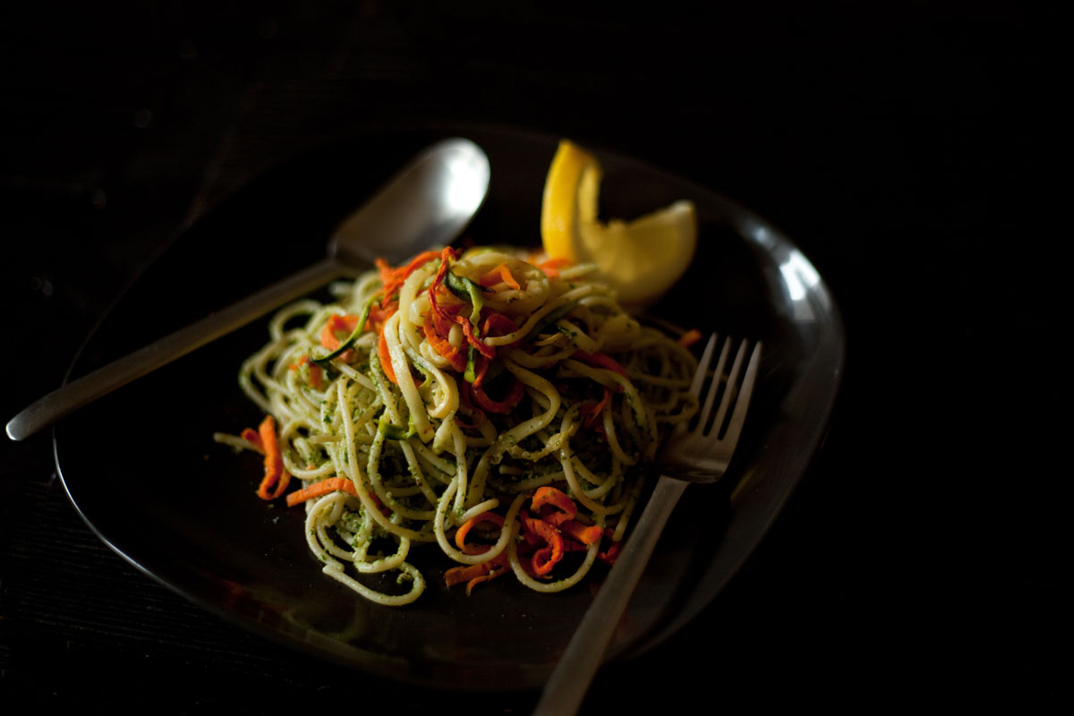 Pasta with kale pesto, roasted carrots and zucchinis.