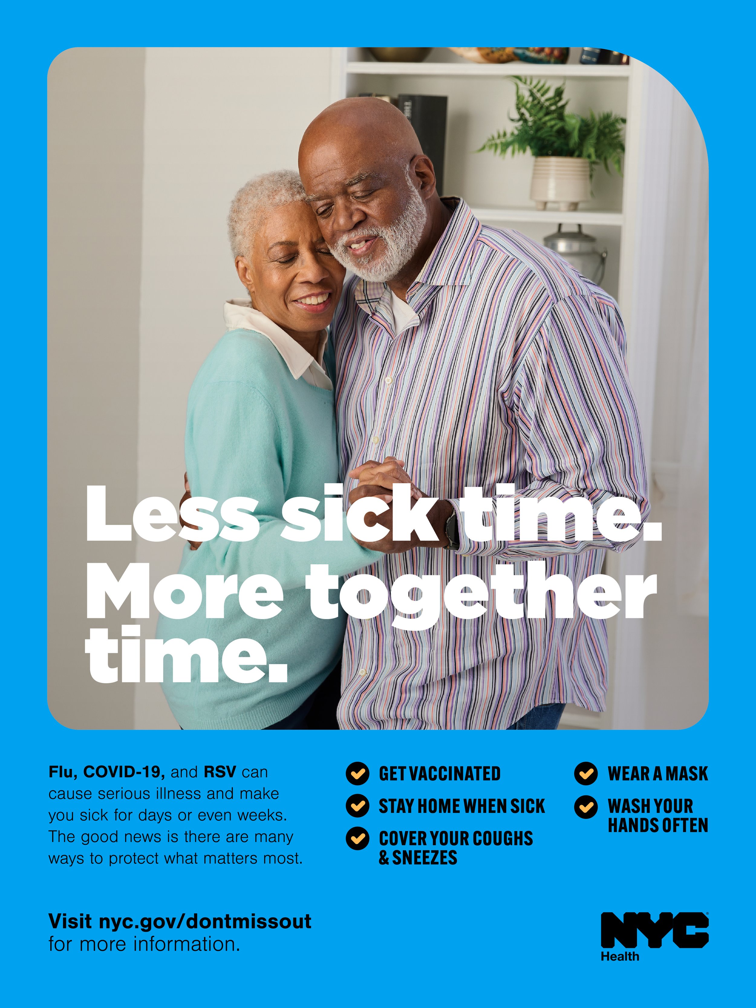 An elderly couple hugging happily in their home, promoting health and safety to reduce sickness and stay protected from illnesses like flu and COVID-19.