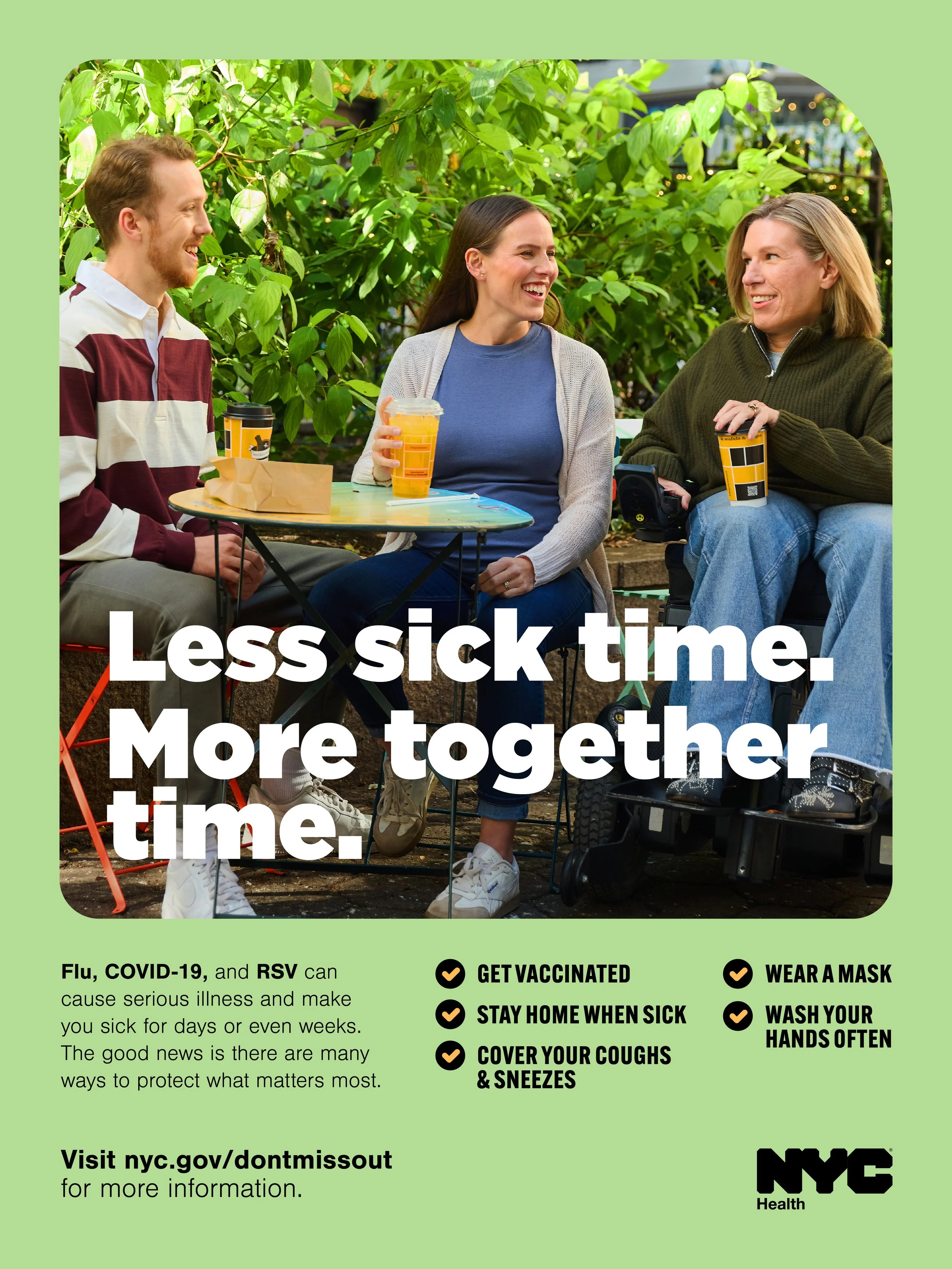 Three people sitting at a table outdoors, smiling and talking; it appears to be a health awareness campaign about reducing sick time.