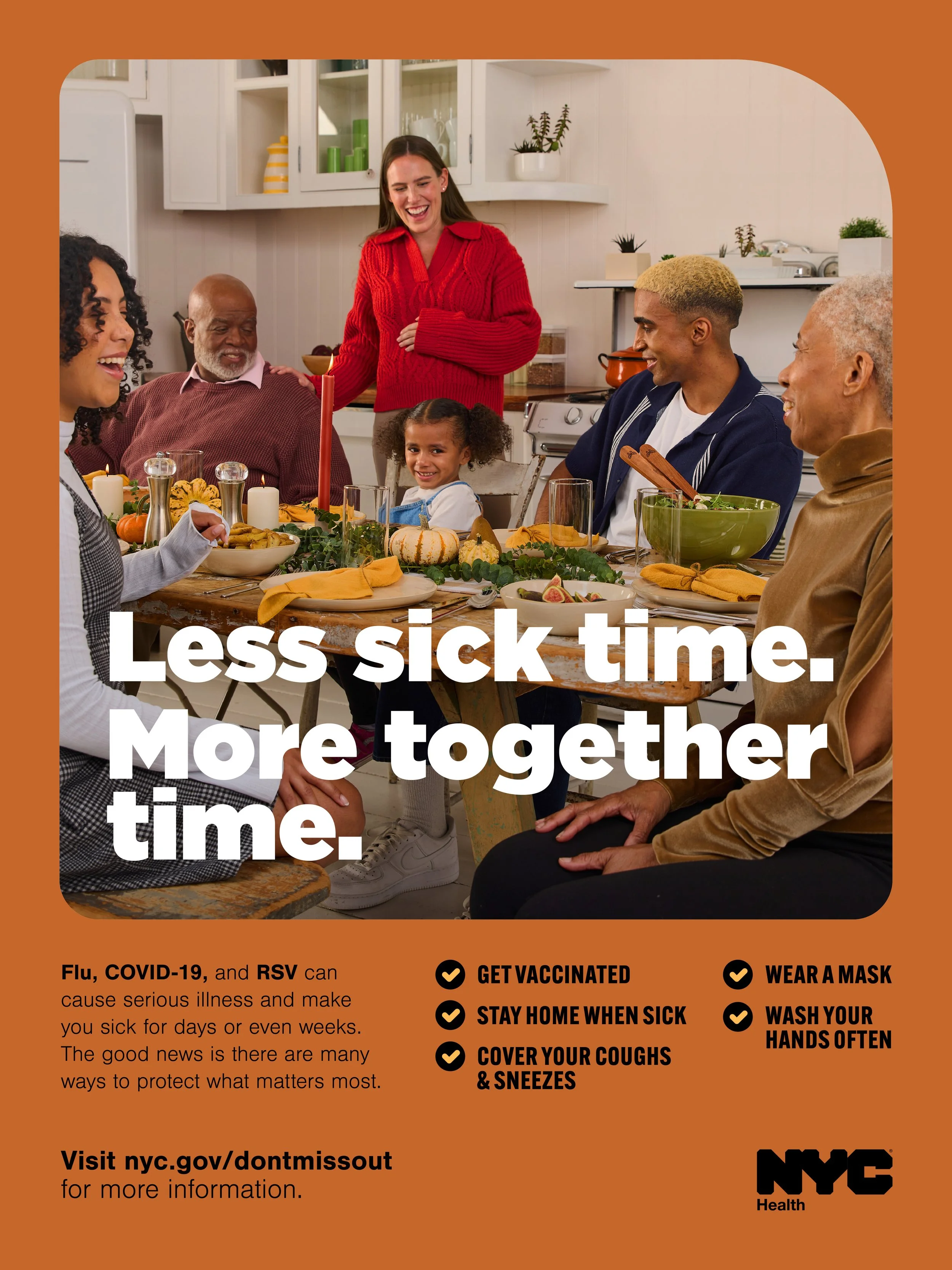 A diverse family gathering enjoying a meal at a decorated table with pumpkins and candles, with a young woman standing and smiling in a kitchen setting. Ad Campaign for NY DOH.