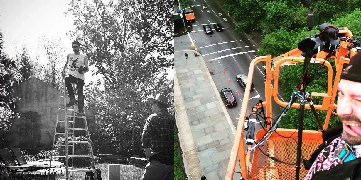 A black and white photo on the left shows a person standing on a ladder outdoors with trees and a building in the background, another person wearing a hat watching. The right side of the image is in color, showing a man in a harness in a cherry picker lifting a camera above a street with cars, orange traffic cones, and green trees.