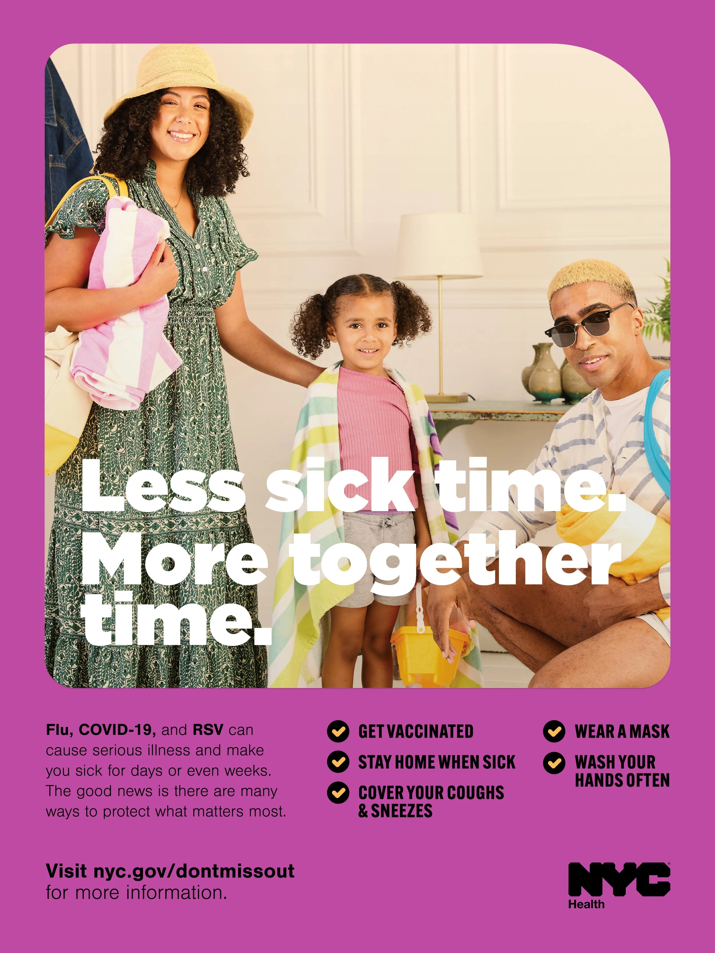 A family of four standing inside a home. The mother is holding a towel and smiling. The daughter and father are looking at the camera. The father is sitting and wearing sunglasses. The family is promoting health precautions for flu, COVID-19, and RSV