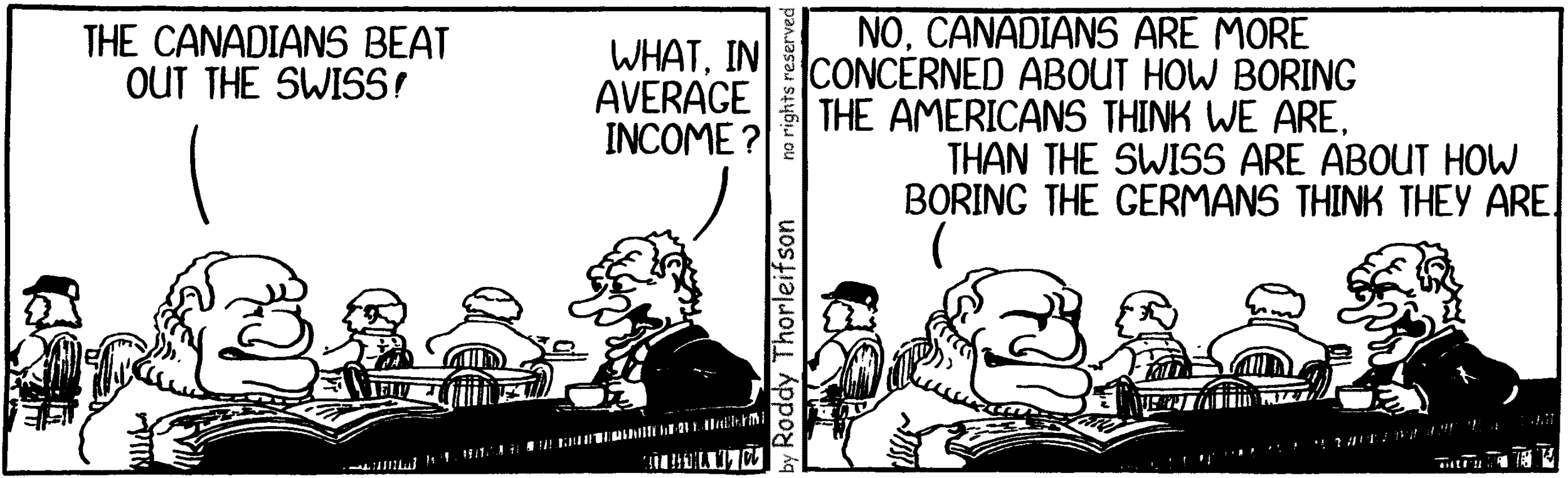 free cartoon Canada Canadian identity beating the Swiss