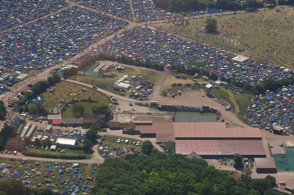 The Worthy Farm dairy unit seen from the air during the Glastonbury Festival.