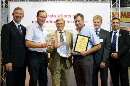 The Higgins family were presented with the Chris May Memorial Award at the Livestock Event, for the herd with the highest average lifetime daily yield among Gold Cup qualifying herds. It is the third time they have won the award in the last four years Their 350 head pedigree Holstein herd produced 12,663kg of milk on three times a day milking and achieved an average lifetime daily yield for the herd of 18.42kg/day. Pictured at the presentation above are (left to right) NMR chairman Philip Kirkham, Bill Higgins, Bill Higgins (senior), Andrew Higgins, RABDF president David Leaver and RABDF chairman of judges Lyndon Edwards.