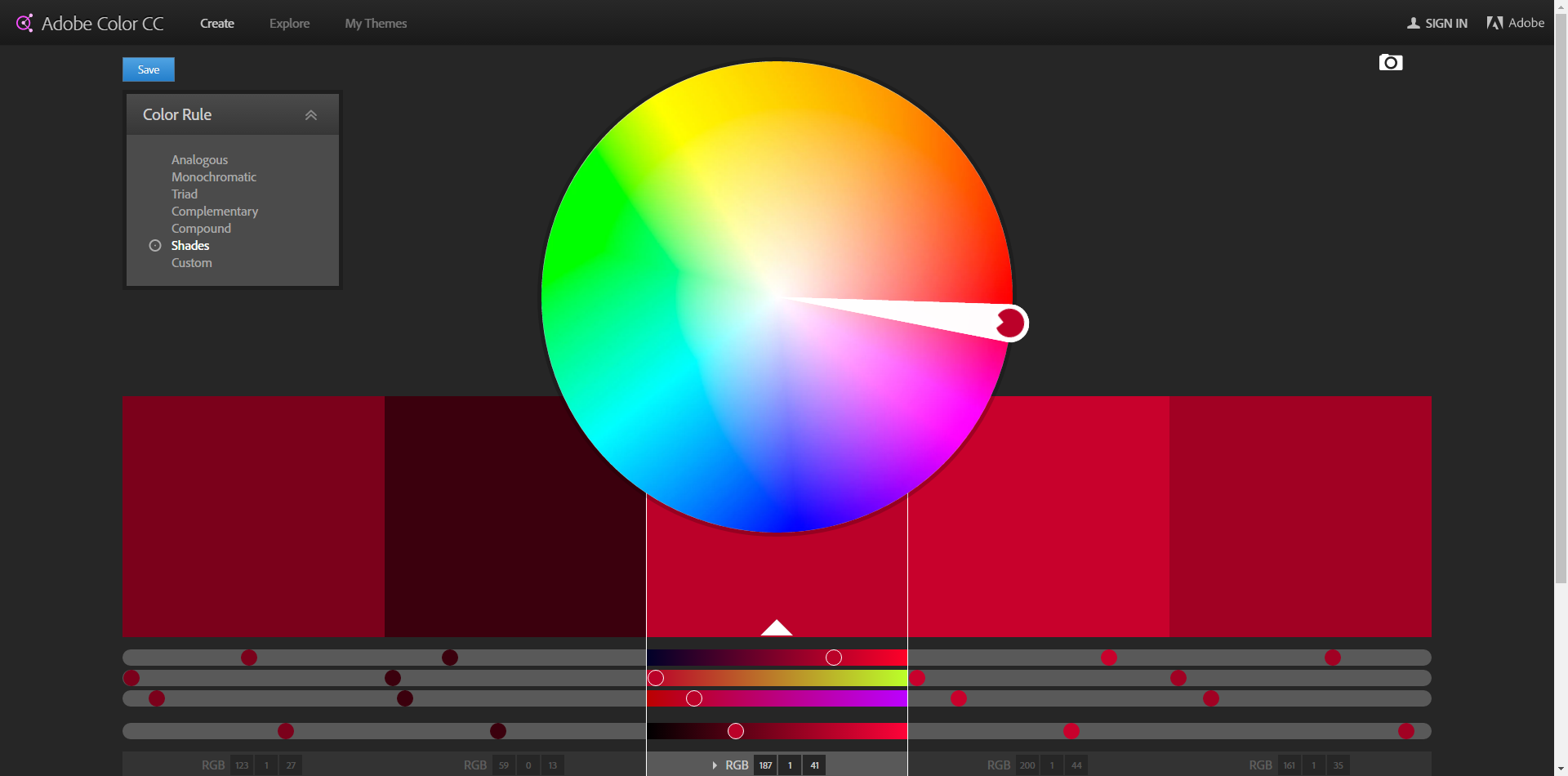 Adobe's Color CC tool with a variety of red shades