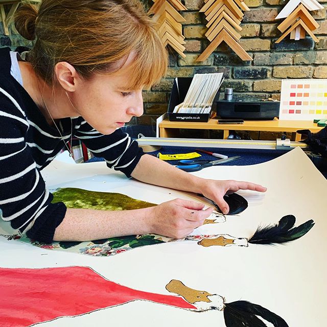 The lovely Anna Wright putting the final feathery finishing touches to her stunning artwork, sharing a passion for detail..@annawrightillustration @spiritfairs #christmaspresents #animalart #bespokeframing #londonframers #conservationframing #details