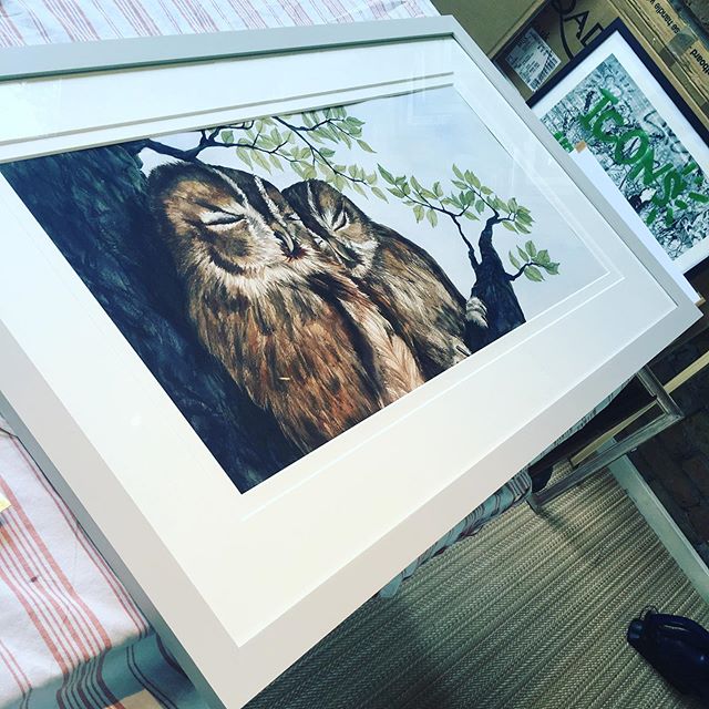 Beautiful cosy owls, making us feel very Autumnal...our hand painted F&amp;B Cornforth White... #bespokeframing #londonframers #handpainted #doublemount #conservationframing #christmaspresents