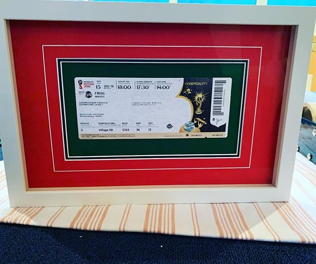 How to safe keep memorable events? Frame them! Here&rsquo;s one of a series of major sporting fixture tickets. #doublemount #vgroove #greenbaise #artglass @truvueglazing #conservationframing #bespokeframing #londonframers #creativeframing #keepitfram