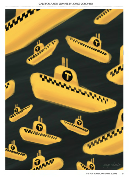 Climate change mitigation should include taxi-sharing. Adaptation to global warming could also well include taxi-sharing. A great illustration from this week’s New Yorker by Jorge Colombo.