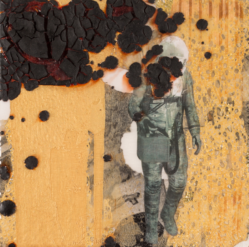    The Exiled and the Returned   2015 8 x 8 Mixed media collage with etched resin on wood panel 