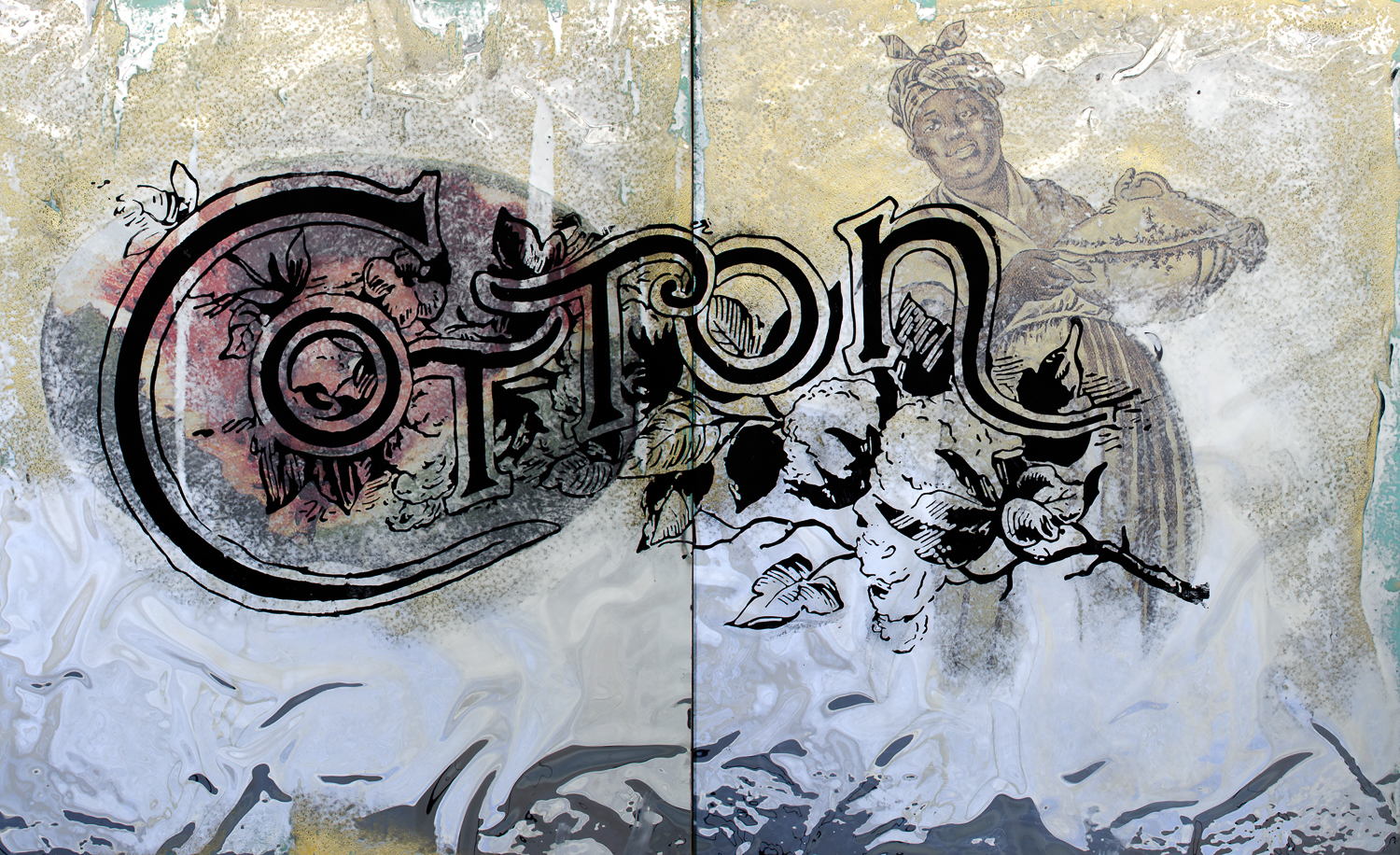    Tignon   2015 49 x 80 Mylar, paper, charcoal dust and enamel paint on wood 