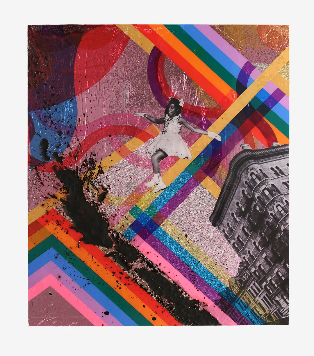 Sunday Shoes 2016 57" x 49" Paper, Mylar, cellophane, vinyl, shoe polish and resin on board