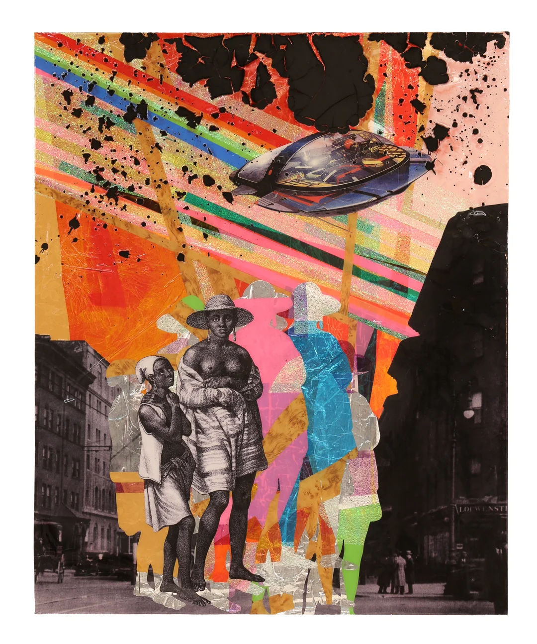 Relieved Of The Weight 2016 49" x 40" Paper, Mylar, cellophane, vinyl, shoe polish and resin on board