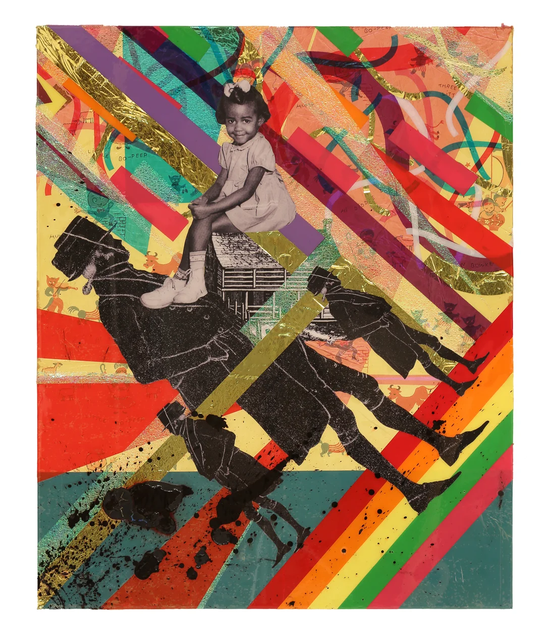 Big FUN 2017 49" x 40" Paper, wallpaper, Mylar, cellophane, vinyl, shoe polish and resin on board